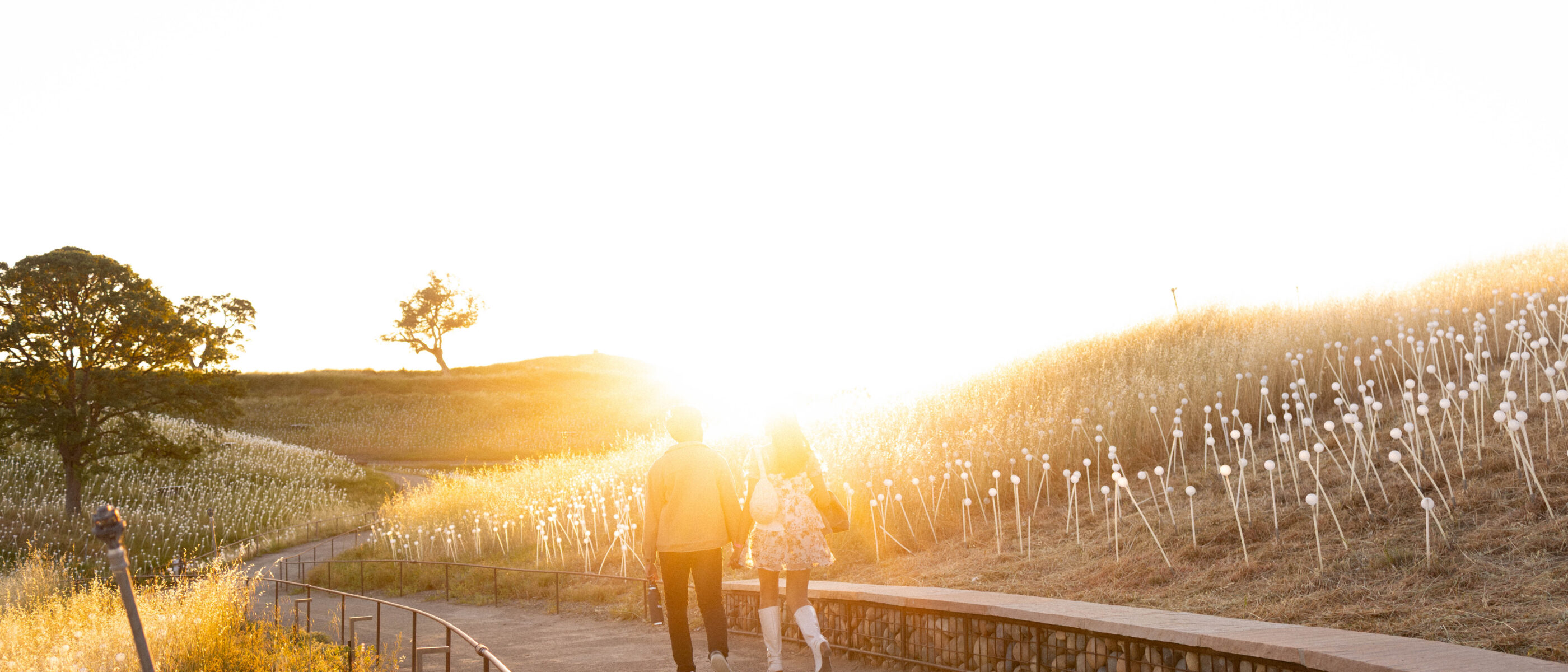 A couple walks hand-in-hand along a path at sunset, surrounded by lush hills and tall grass.