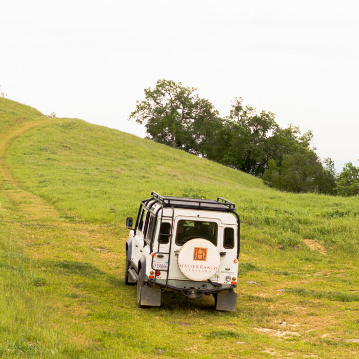 A white off-road vehicle drives along a dirt path through a green, hilly landscape under a cloudy sky.