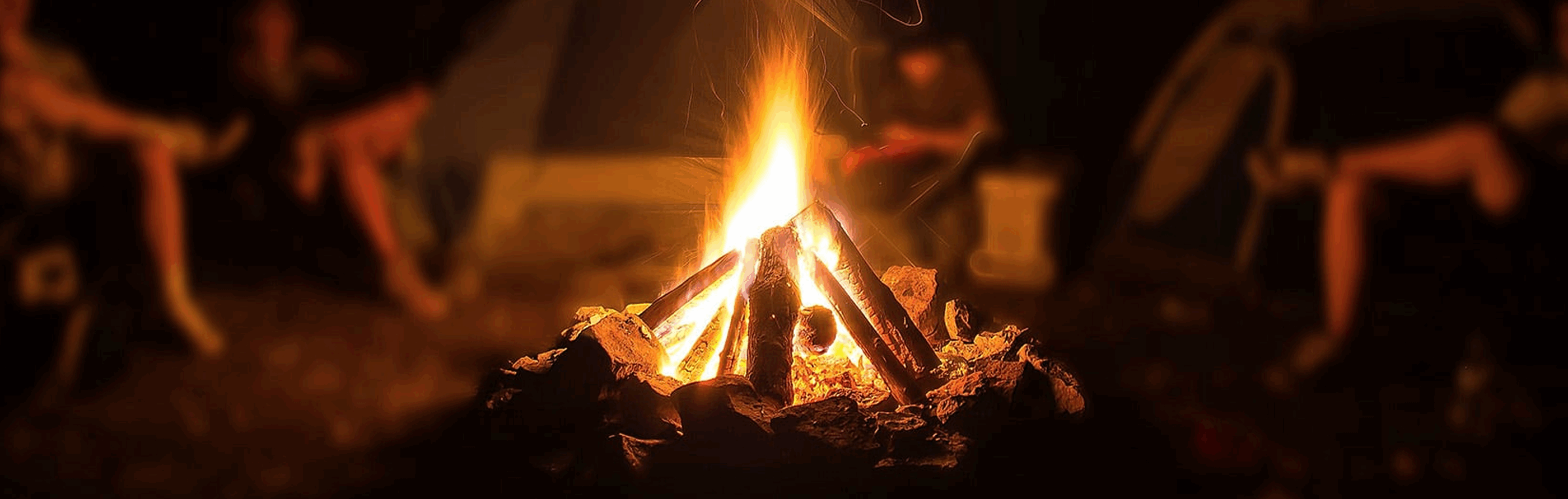 A campfire burns brightly in the foreground, with people sitting around it in a dark outdoor setting.
