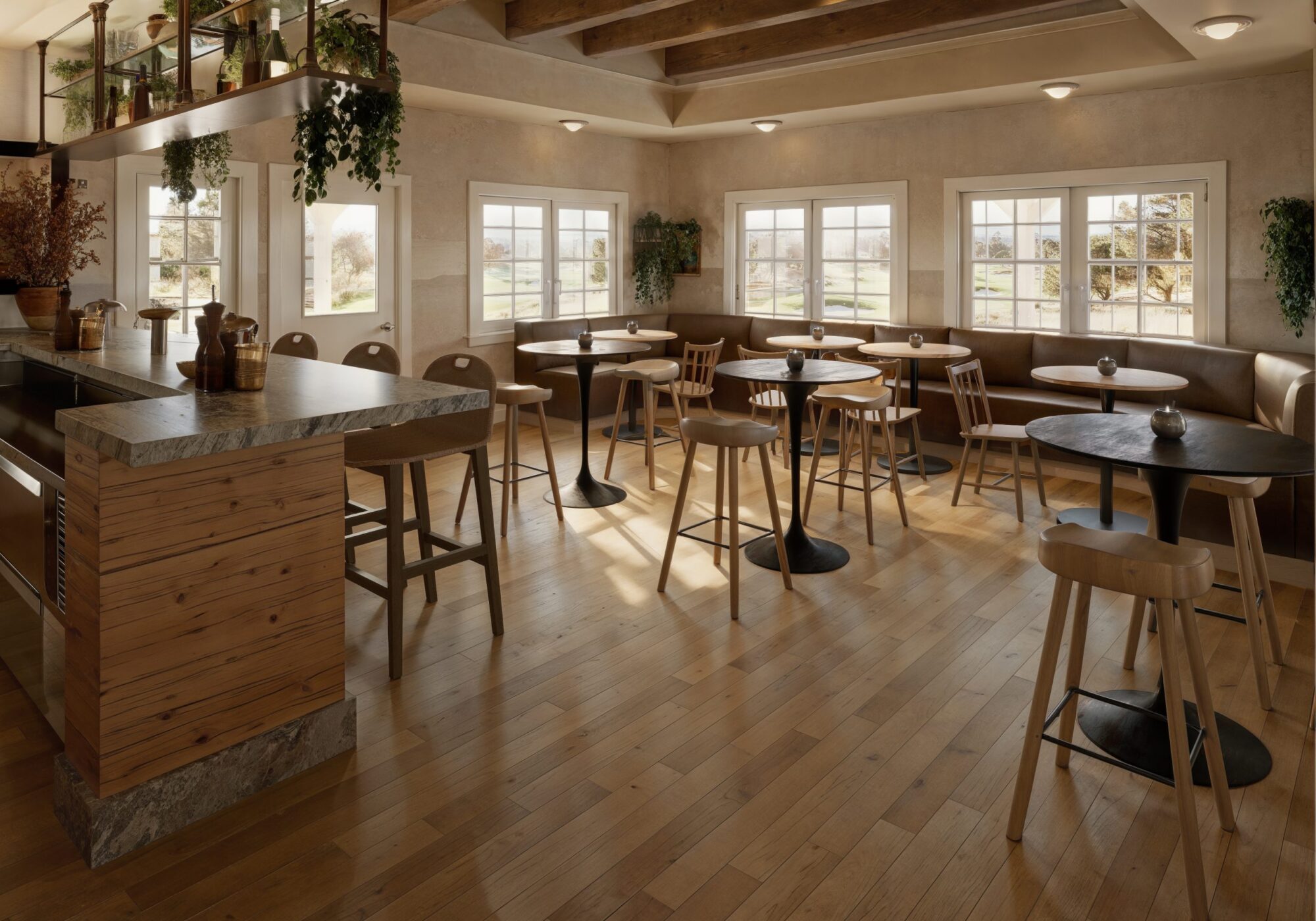 Brightly lit interior of a cozy café with wooden furniture, tables, and a counter, featuring large windows and plants.