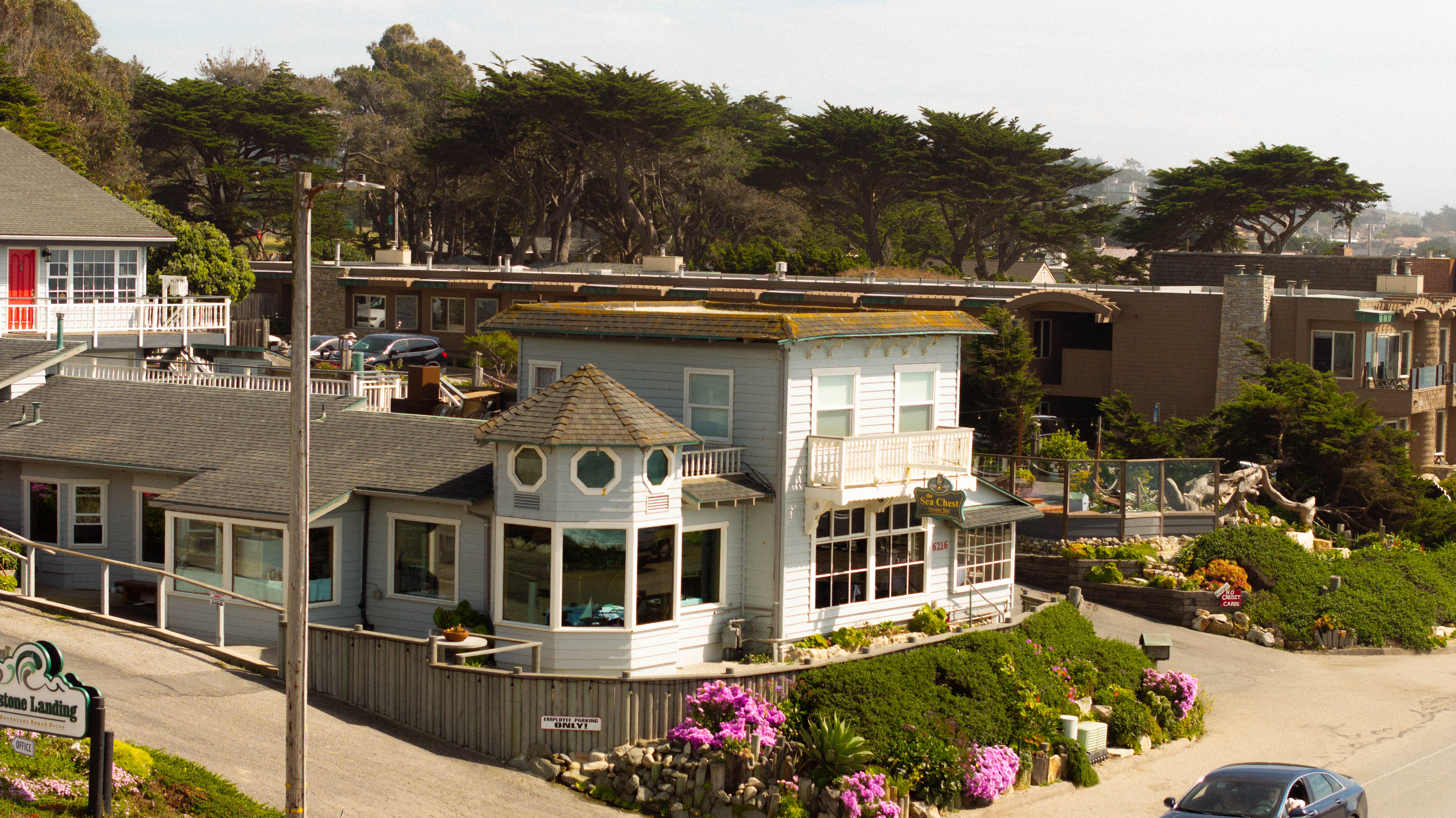 A seaside building with a unique architectural design, surrounded by greenery and flowering plants in a coastal setting.